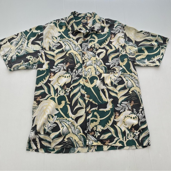 Tommy Bahama Vintage Hawaiian Surfer Girl Short Sleeve Shirt  Green Yellow Large - Picture 5 of 10